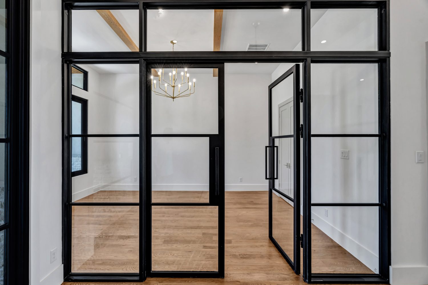 Custom steel double entry door in black with glass panels from Love That Door