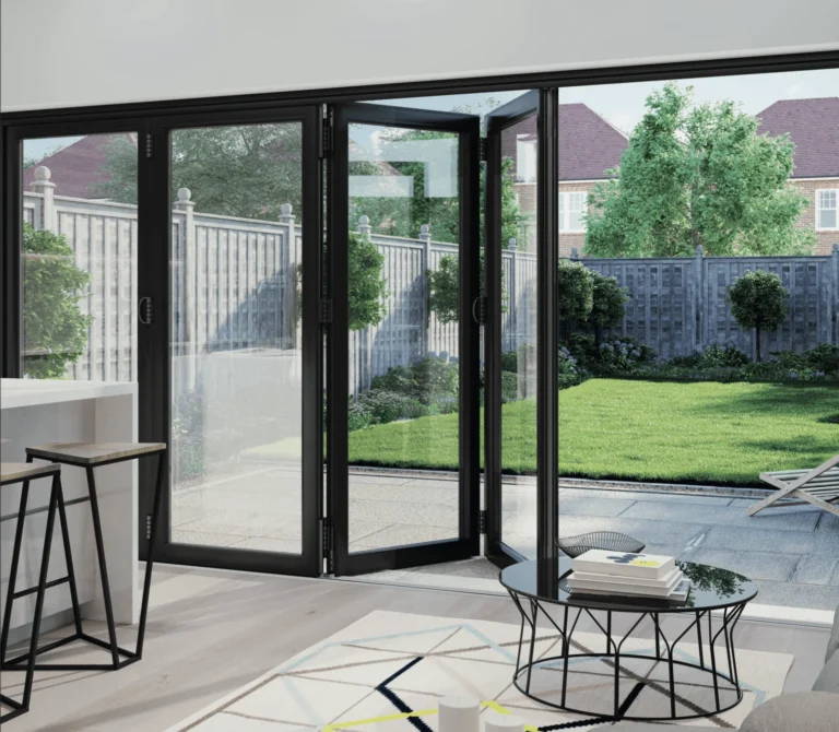 Aluminum five panel bifold door partially open