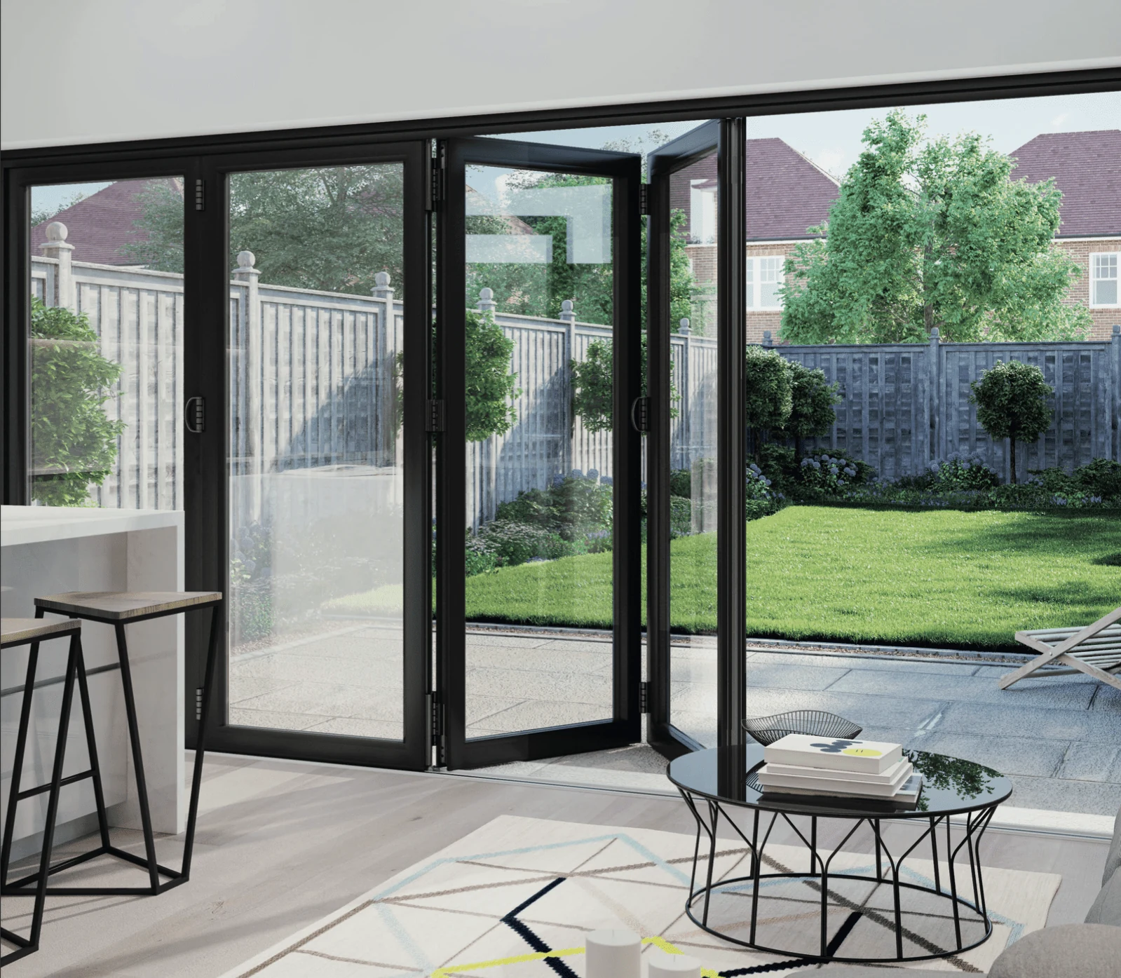 Aluminum five panel bifold door partially open