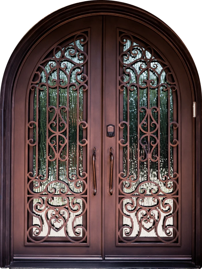 Craftsman double iron entry door with arch