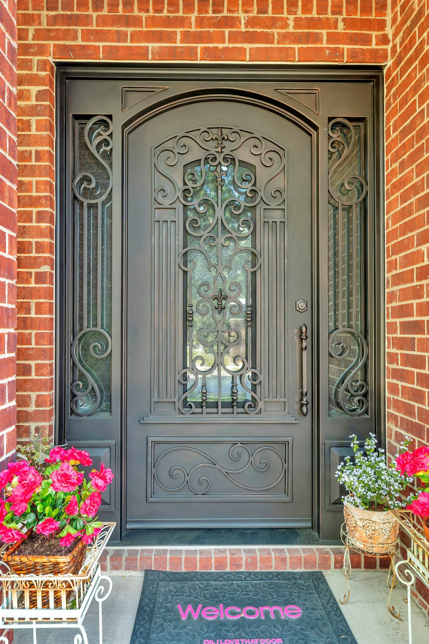 Dark steel single arched entry door with scrollwork and sidelights