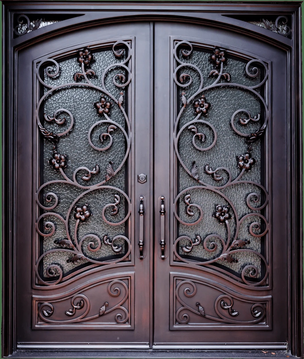Double steel door arched top with ornate scrollwork and textured glass