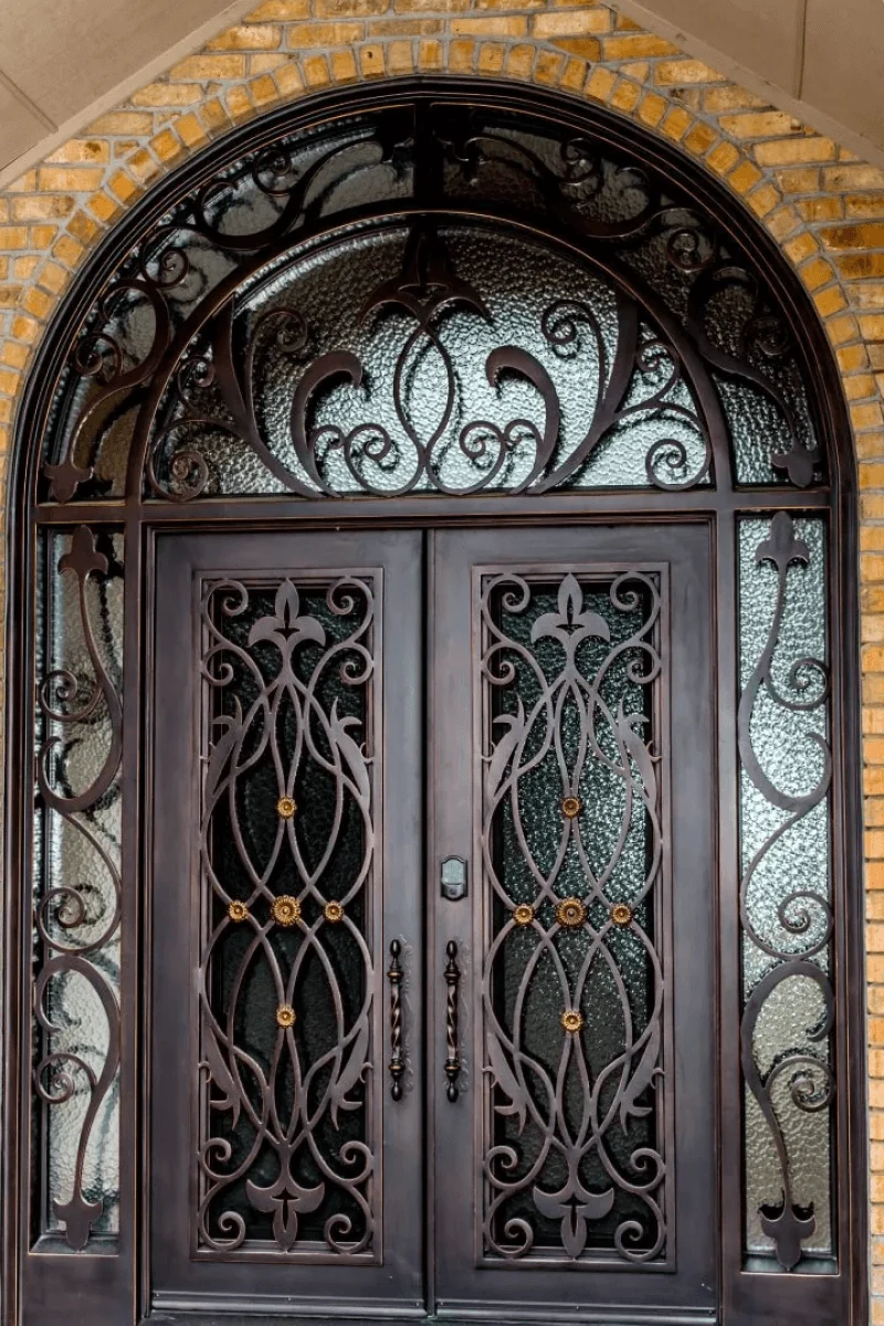 Midnight copper edges square double entry door with arch surround