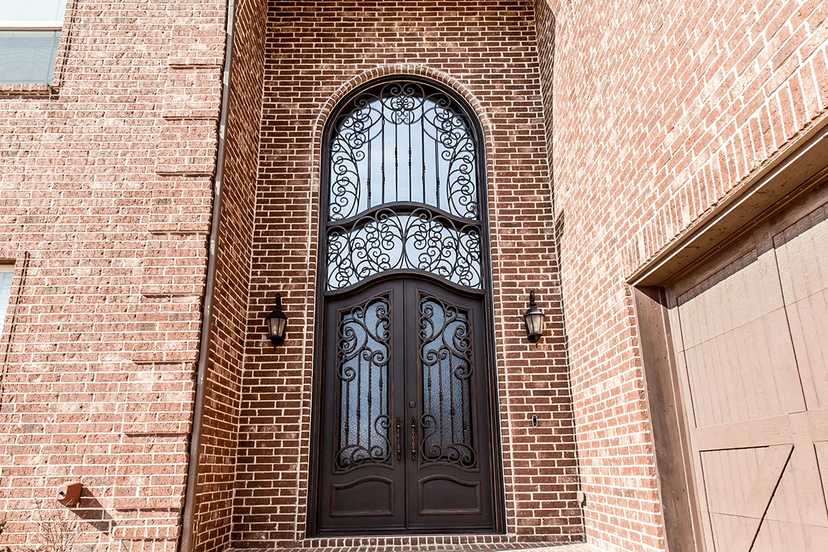 Wrought iron double entry door with transom, black finish